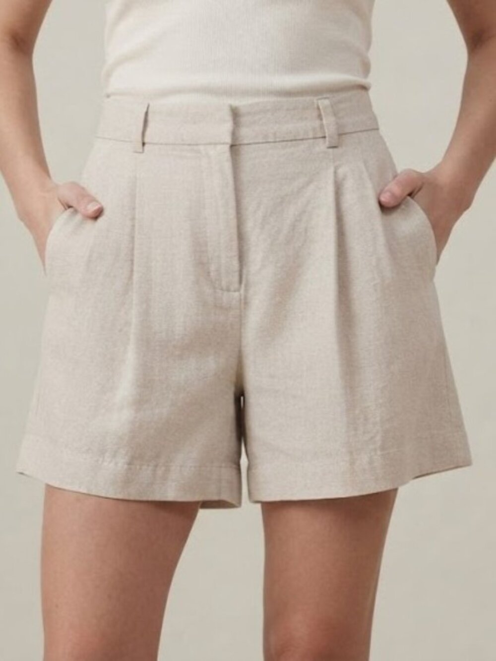 Beige Linen Blend High-Waist Taylor Adjustable Waist Pleated Shorts